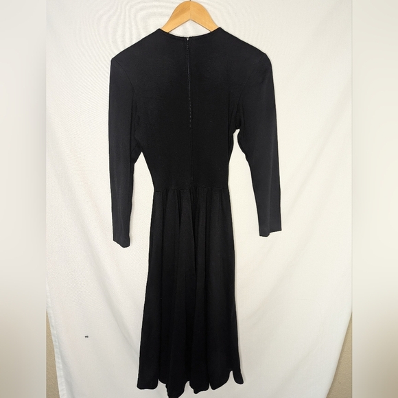Vintage Expo Lace Trim Neckline Black Wool Blend Midi Dress Size 4 - Picture 2 of 10